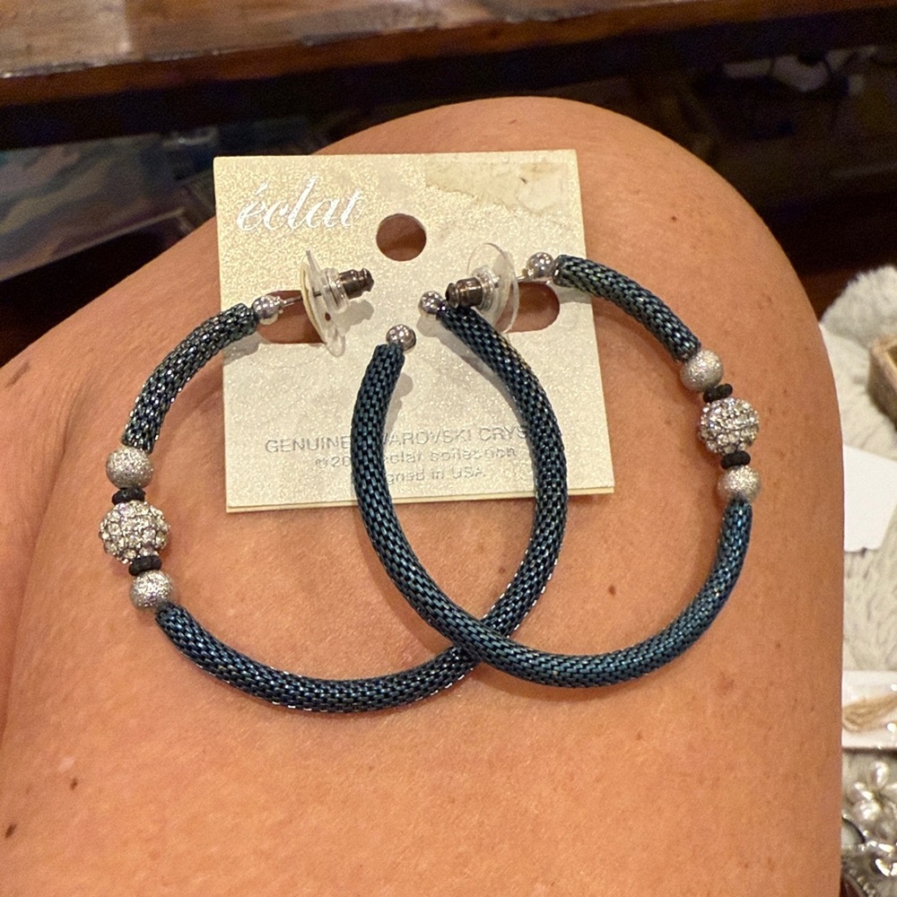 Blue and Silver Crystal Hoop Earrings